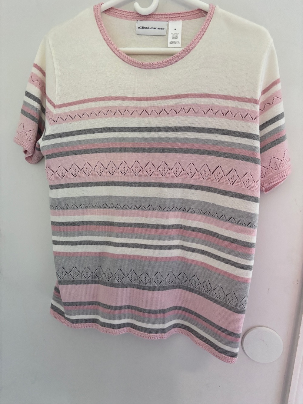 Alfred Dunner Summer Pink White Gray Striped Sweater Short Sleeve 44x25 Classic